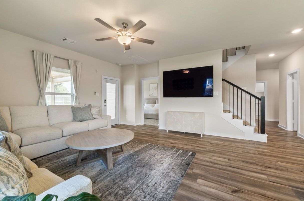 Interior, Living room, Recessed Lighting, Wood Texture Flooring