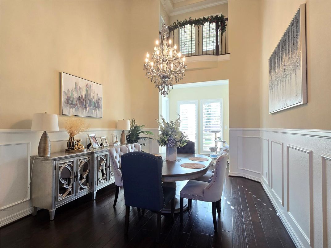 Chandelier, Dining room, Interior, Wood Texture Flooring