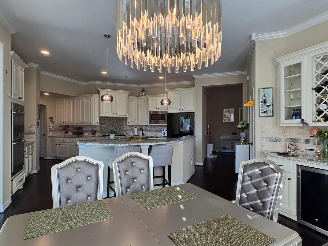 Chandelier, Interior, Kitchen, Pendant Lights, Recessed Lighting, Wood Texture Flooring