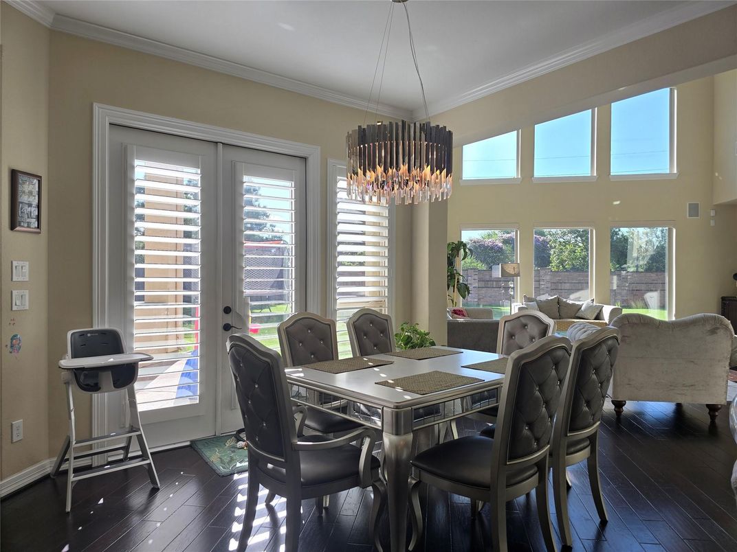 Chandelier, Dining room, Interior, Pendant Lights, Wood Texture Flooring