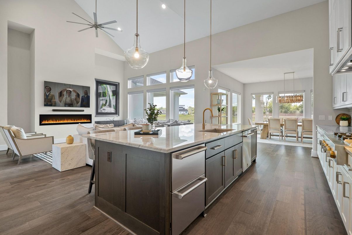 Dining room, Fireplace, Interior, Kitchen, Living room, Pendant Lights, Recessed Lighting, Wood Texture Flooring