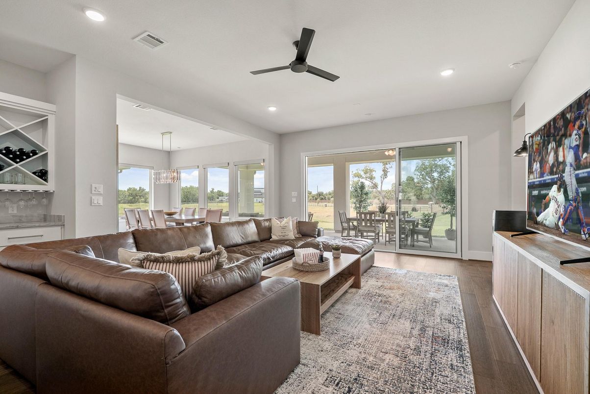 Dining room, Interior, Living room, Pendant Lights, Recessed Lighting, Wood Texture Flooring