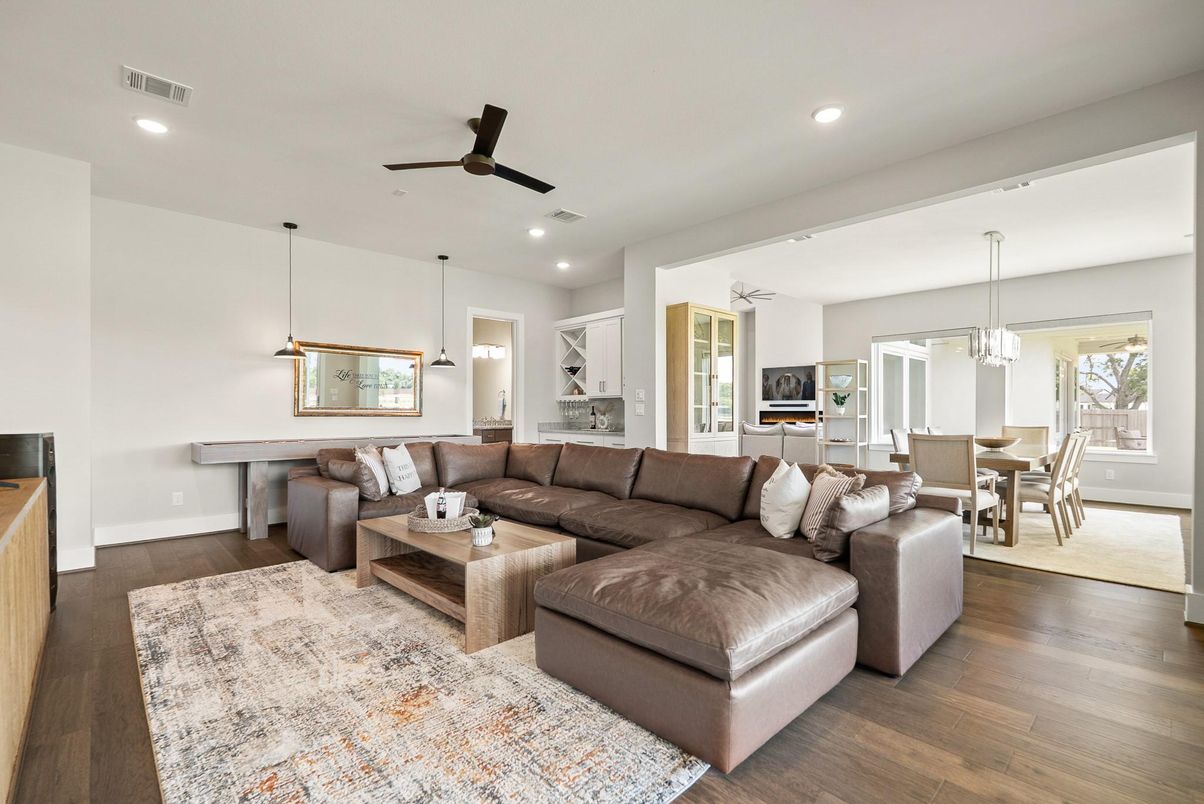 Dining room, Interior, Living room, Pendant Lights, Recessed Lighting, Wood Texture Flooring