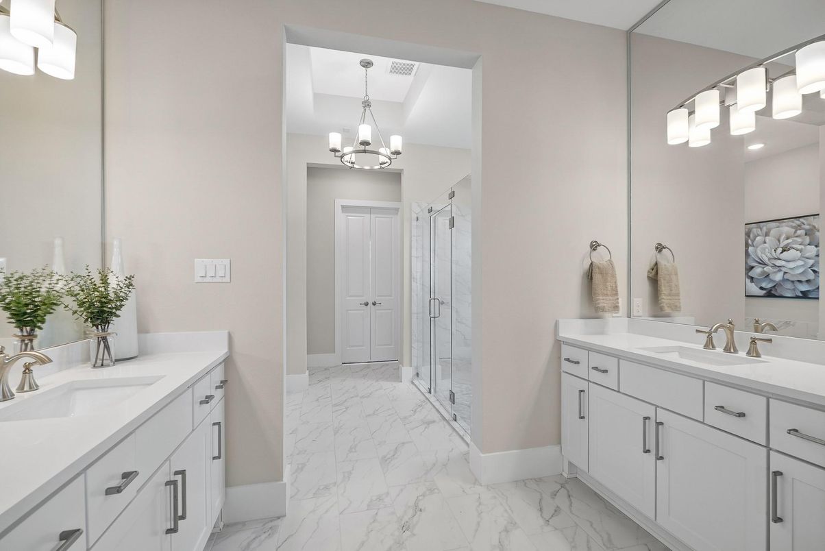 Bathroom, Chandelier, Dual Sink Vanities, Glass Shower, Interior, Marble