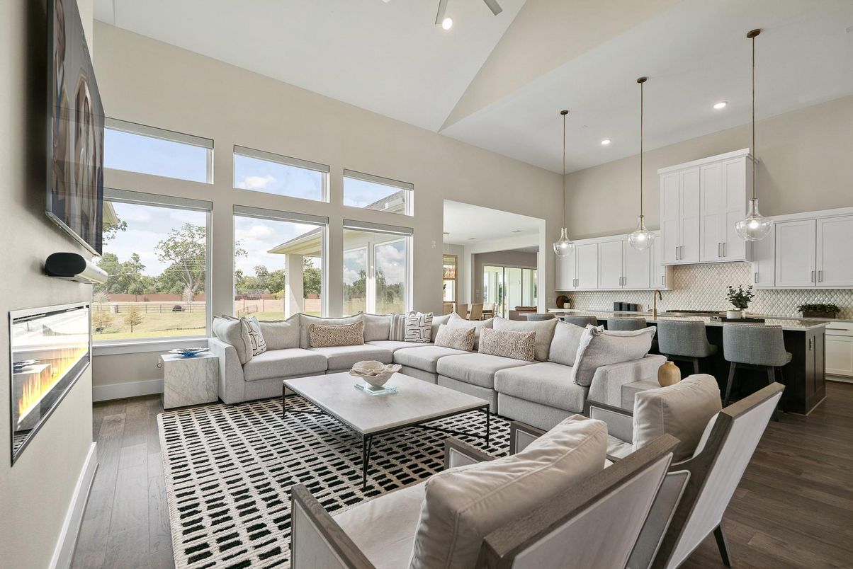 Fireplace, Interior, Kitchen, Living room, Pendant Lights, Recessed Lighting, Wood Texture Flooring