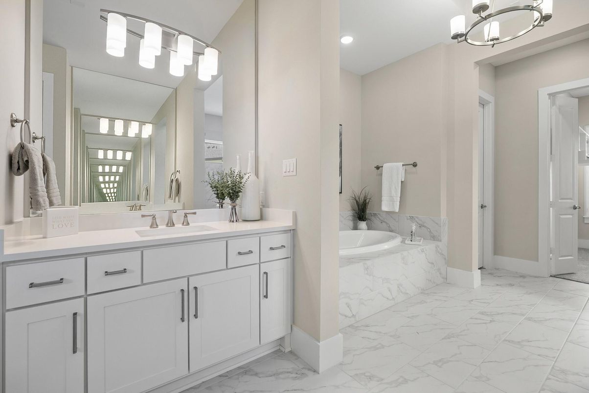 Bathroom, Dual Sink Vanities, Interior, Marble, Recessed Lighting