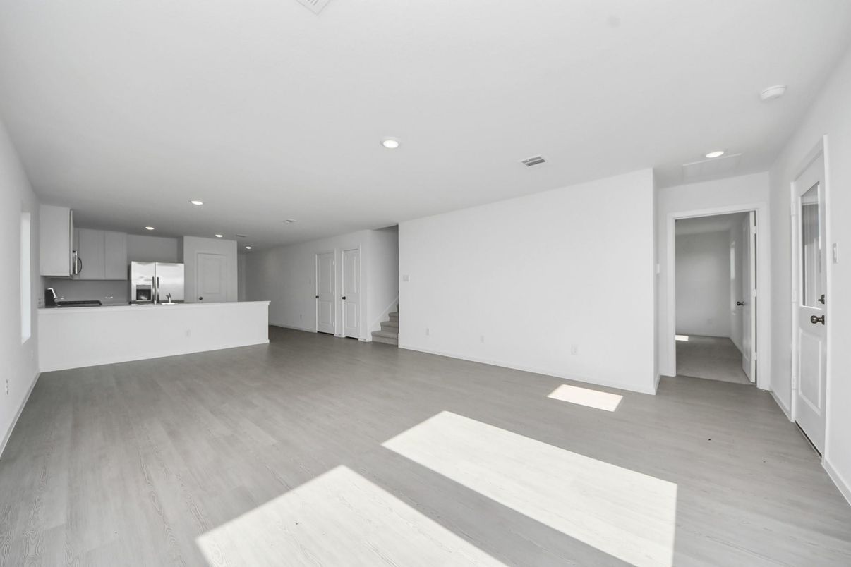 Empty room, Interior, Kitchen, Recessed Lighting, Wood Texture Flooring