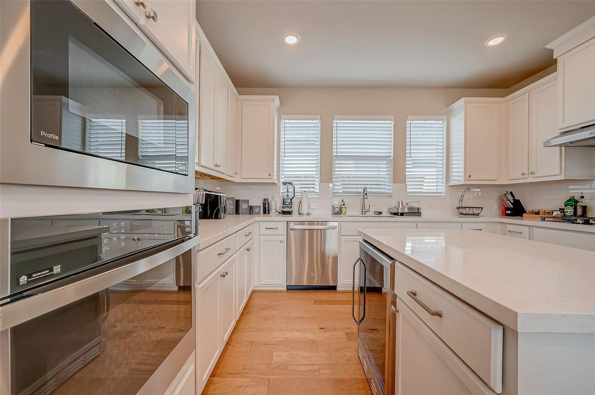 Interior, Kitchen, Recessed Lighting, Stainless Steel Appliances, Wood Texture Flooring