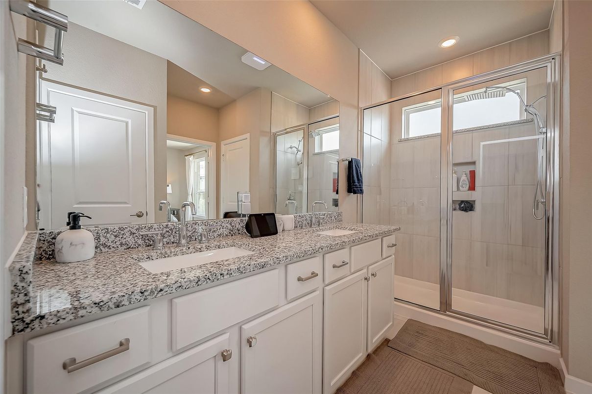 Bathroom, Dual Sink Vanities, Glass Shower, Interior, Recessed Lighting
