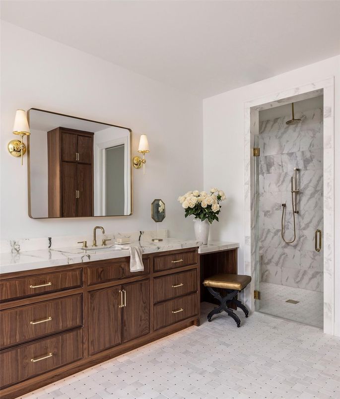 Bathroom, Dual Sink Vanities, Glass Shower, Interior, Marble Walls
