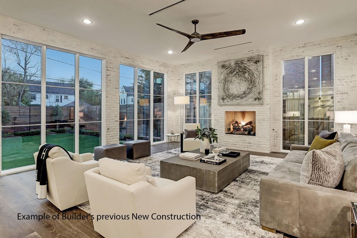Fireplace, Interior, Living room, Recessed Lighting, Stone Walls, Wood Texture Flooring