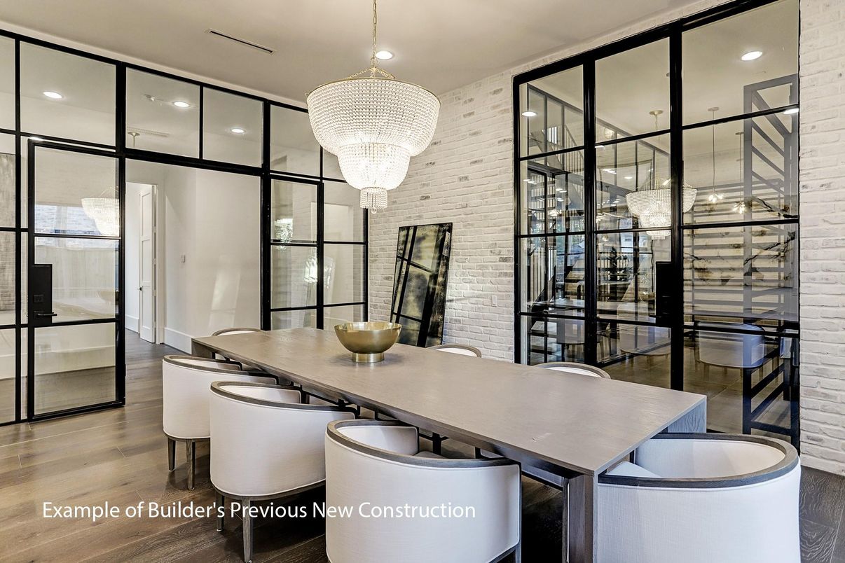 Chandelier, Dining room, Interior, Recessed Lighting, Stone Walls, Wood Texture Flooring