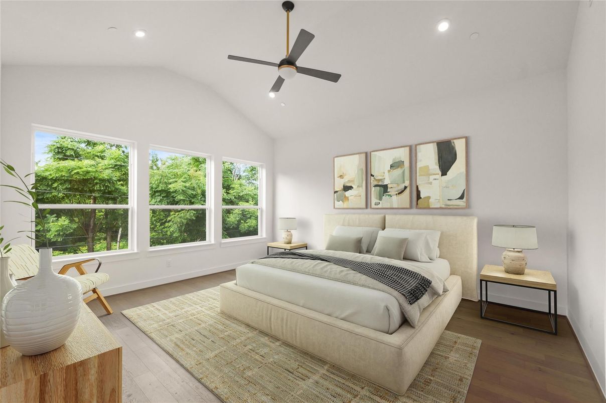 Bedroom, Interior, Recessed Lighting, Wood Texture Flooring