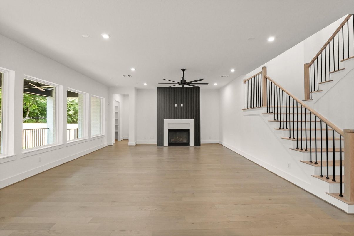 Empty room, Fireplace, Interior, Recessed Lighting, Wood Texture Flooring