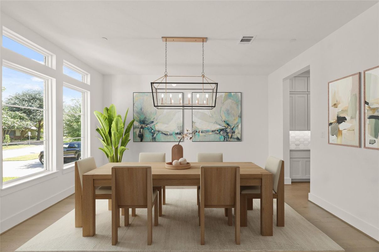 Dining room, Interior, Pendant Lights, Wood Texture Flooring