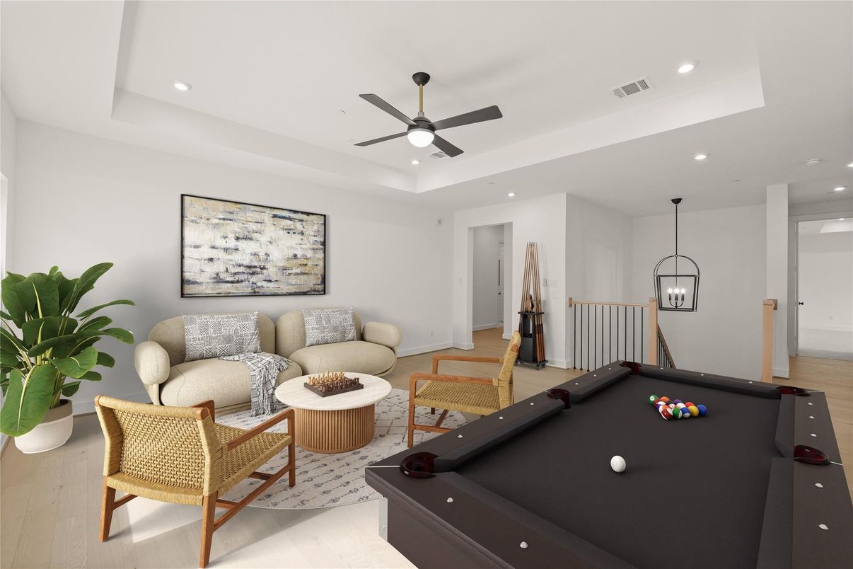 Billiard Table, Game Room, Interior, Living room, Pendant Lights, Recessed Lighting, Wood Texture Flooring