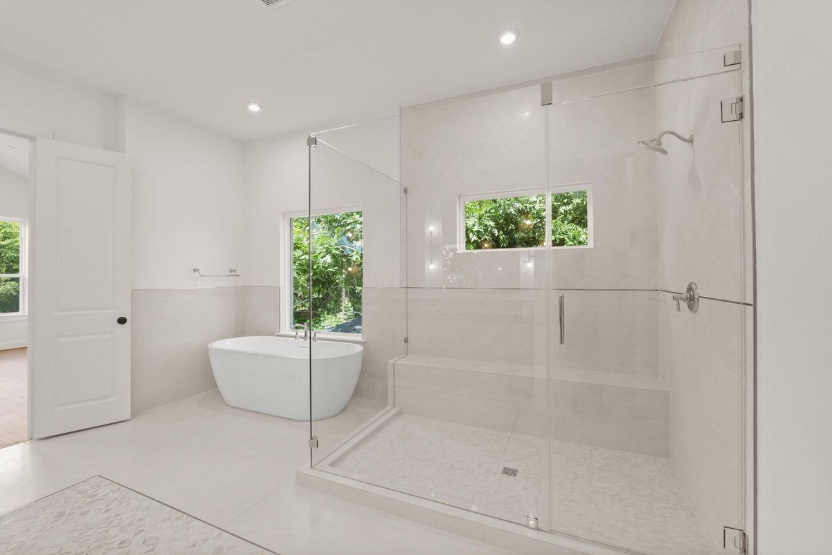 Bathroom, Free Standing Baths, Glass Shower, Interior, Recessed Lighting
