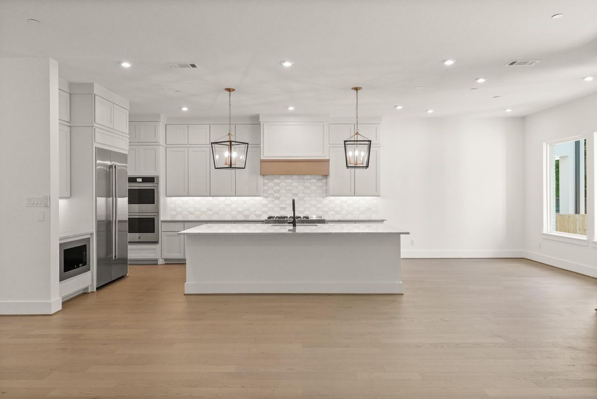 Interior, Kitchen, Pendant Lights, Recessed Lighting, Stainless Steel Appliances, Wood Texture Flooring