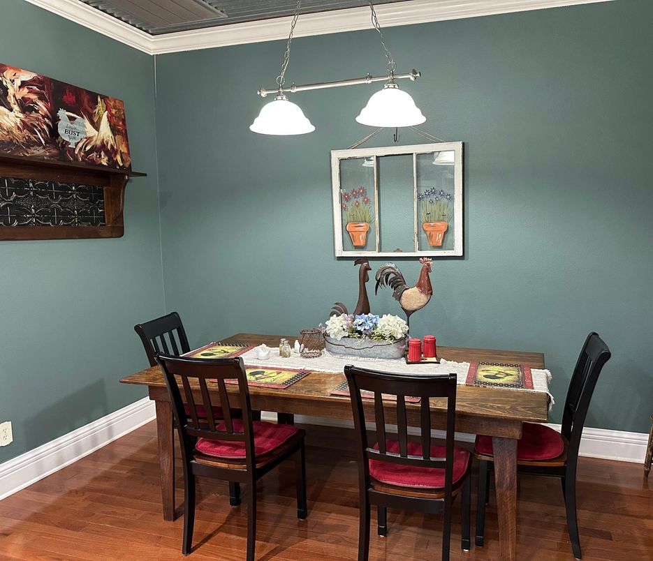 Dining room, Interior, Pendant Lights, Wood Texture Flooring