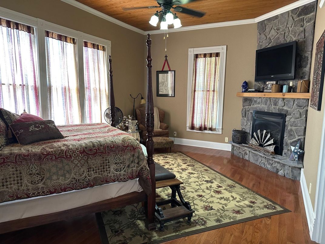 Bedroom, Fireplace, Interior, Wooden Ceilings, Wood Texture Flooring