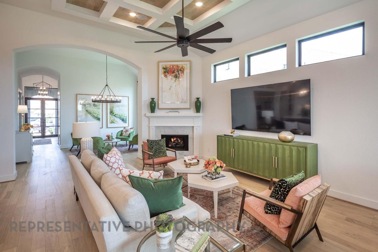 Fireplace, Interior, Living room, Pendant Lights, Recessed Lighting, Wood Texture Flooring