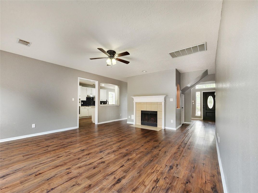 Empty room, Fireplace, Interior, Kitchen, Wood Texture Flooring