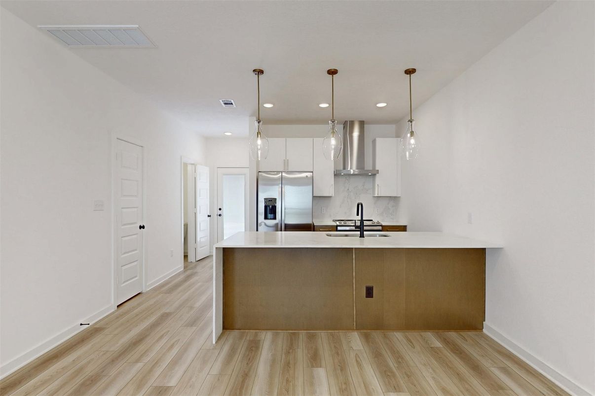 Interior, Kitchen, Pendant Lights, Recessed Lighting, Stainless Steel Appliances, Wood Texture Flooring
