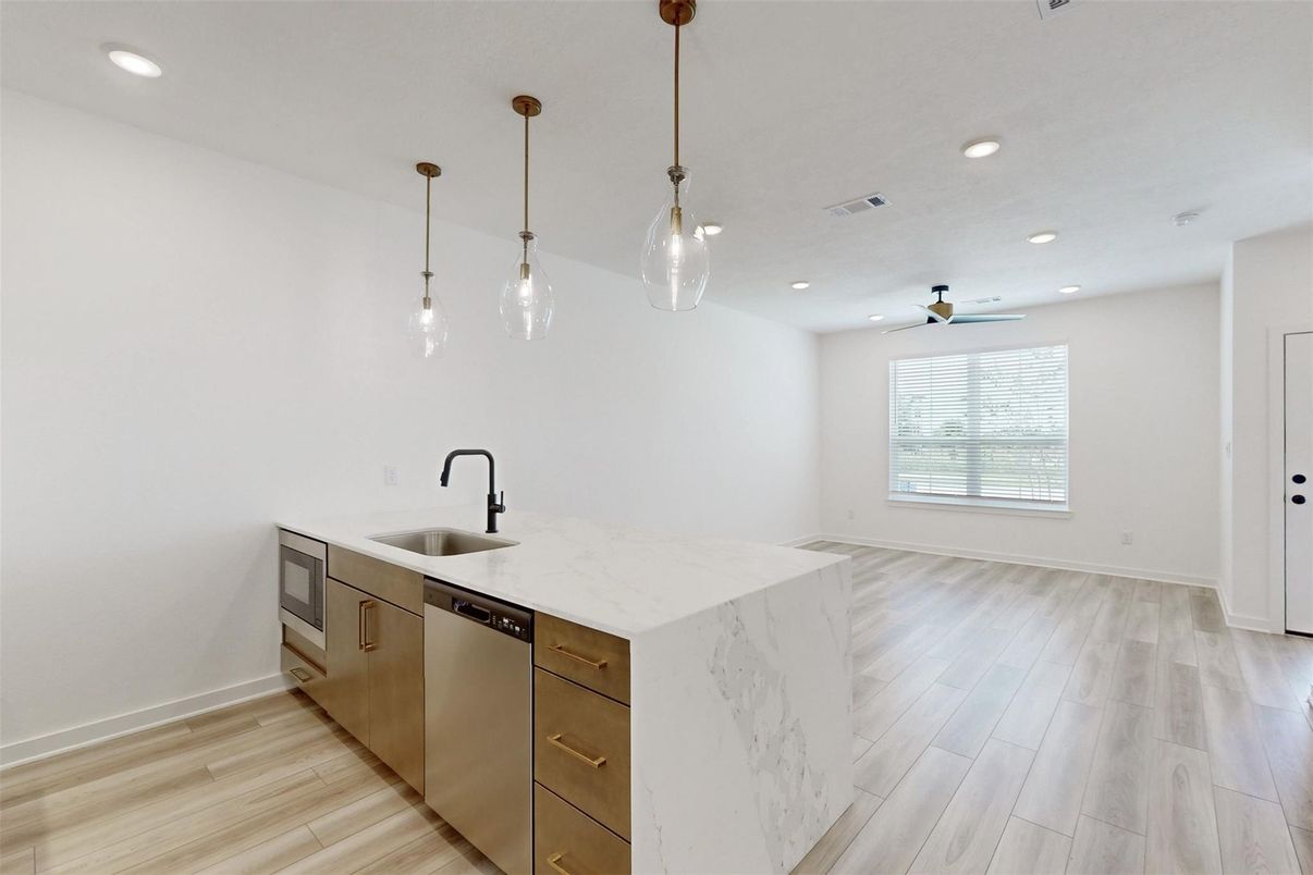 Interior, Kitchen, Pendant Lights, Recessed Lighting, Wood Texture Flooring