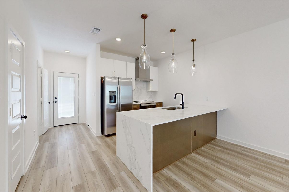Interior, Kitchen, Pendant Lights, Recessed Lighting, Stainless Steel Appliances, Wood Texture Flooring