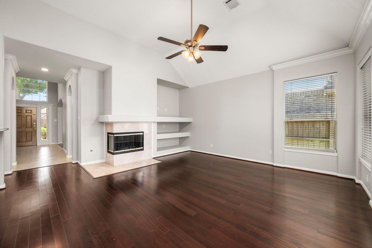 Empty room, Fireplace, Interior, Recessed Lighting, Wood Texture Flooring