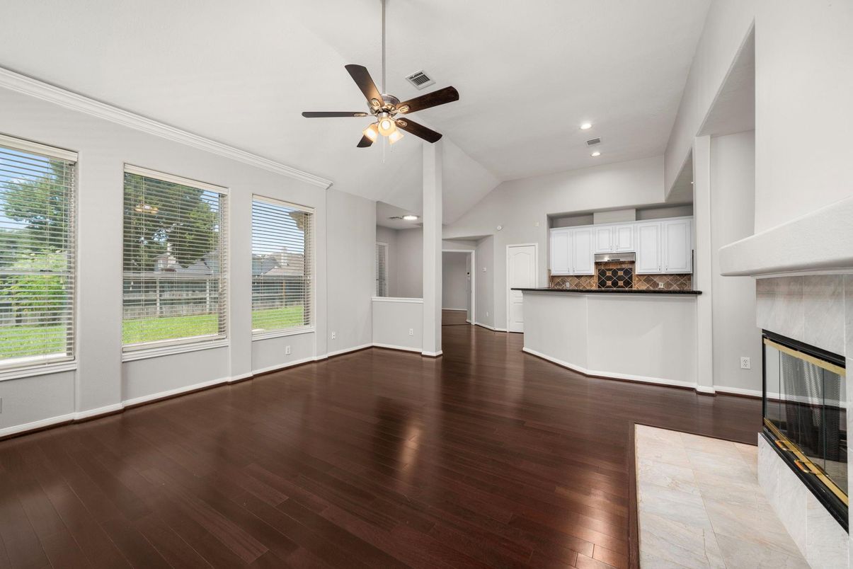 Empty room, Interior, Kitchen, Recessed Lighting, Wood Texture Flooring