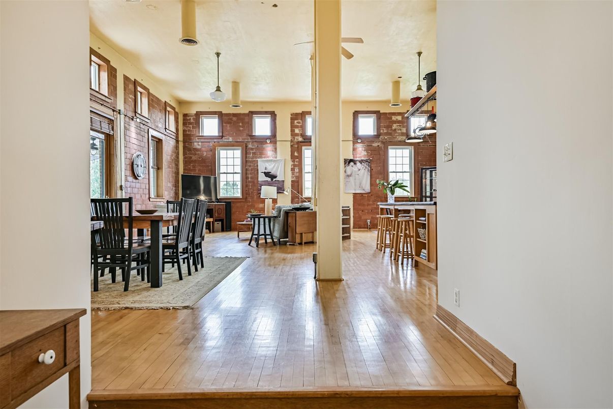 Dining room, Interior, Pendant Lights, Stone Walls, Wood Texture Flooring