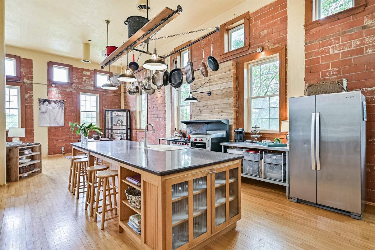 Interior, Kitchen, Pendant Lights, Stone Walls, Wood Texture Flooring