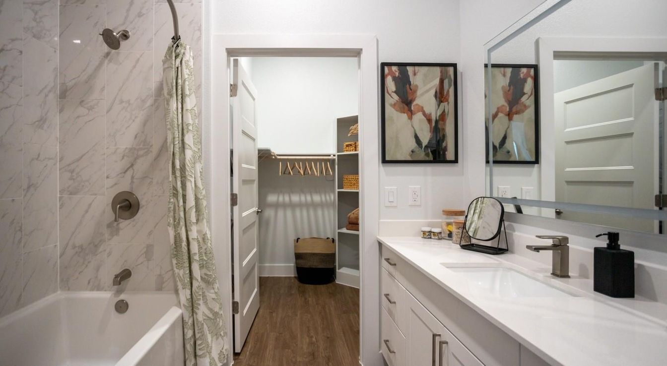 Bathroom, Interior, Marble Walls, Wood Texture Flooring