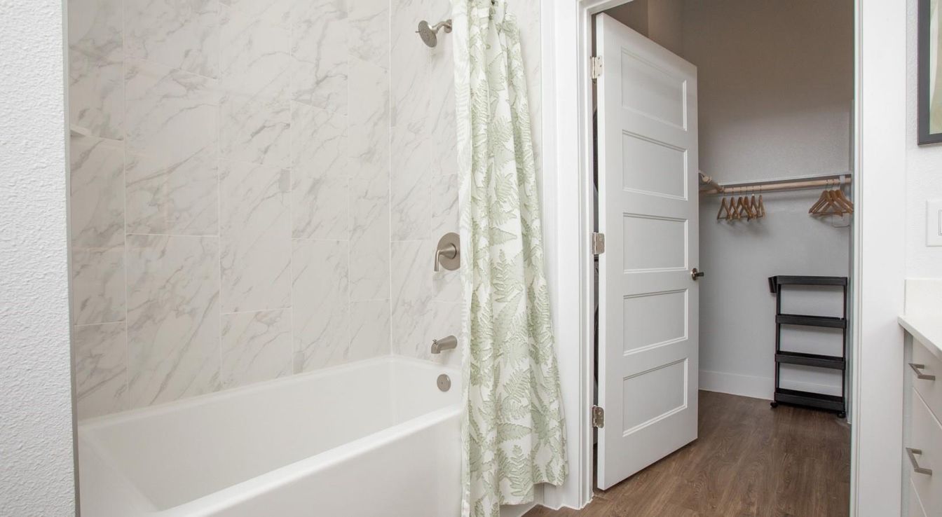 Bathroom, Interior, Marble Walls, Wood Texture Flooring