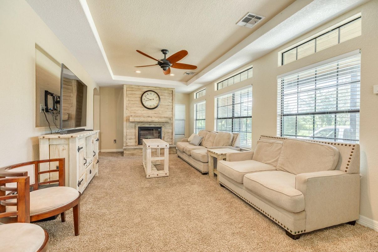 Fireplace, Interior, Living room, Recessed Lighting, Stone Walls