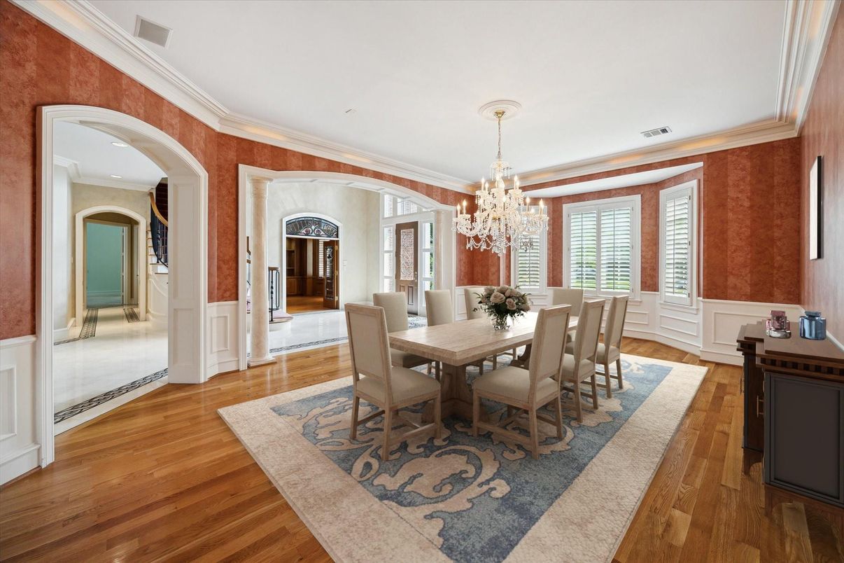 Chandelier, Dining room, Interior, Wood Texture Flooring