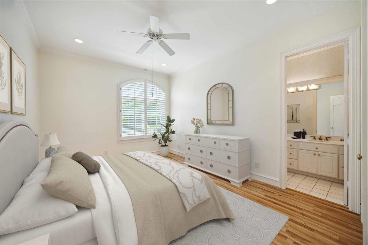Bathroom, Bedroom, Dual Sink Vanities, Interior, Recessed Lighting, Wood Texture Flooring