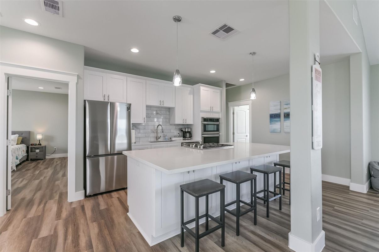 Interior, Kitchen, Pendant Lights, Recessed Lighting, Stainless Steel Appliances, Wood Texture Flooring