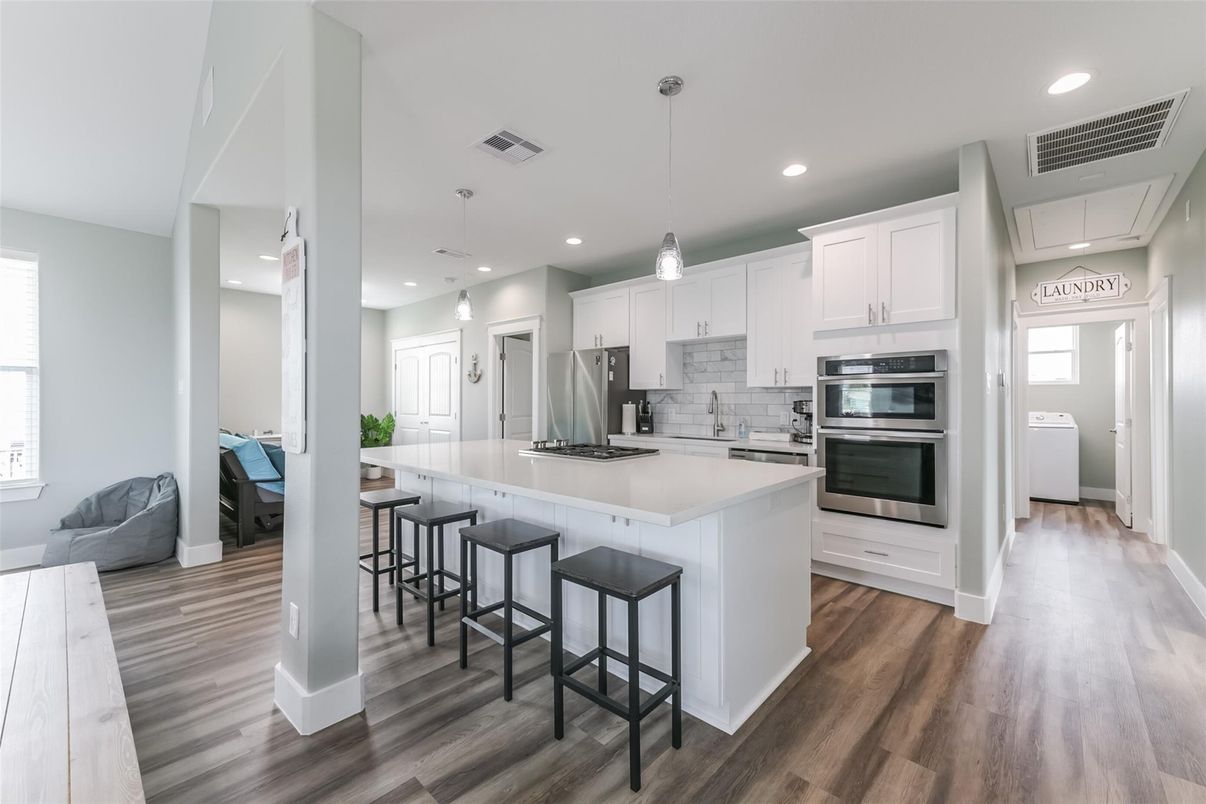 Interior, Kitchen, Pendant Lights, Recessed Lighting, Stainless Steel Appliances, Wood Texture Flooring