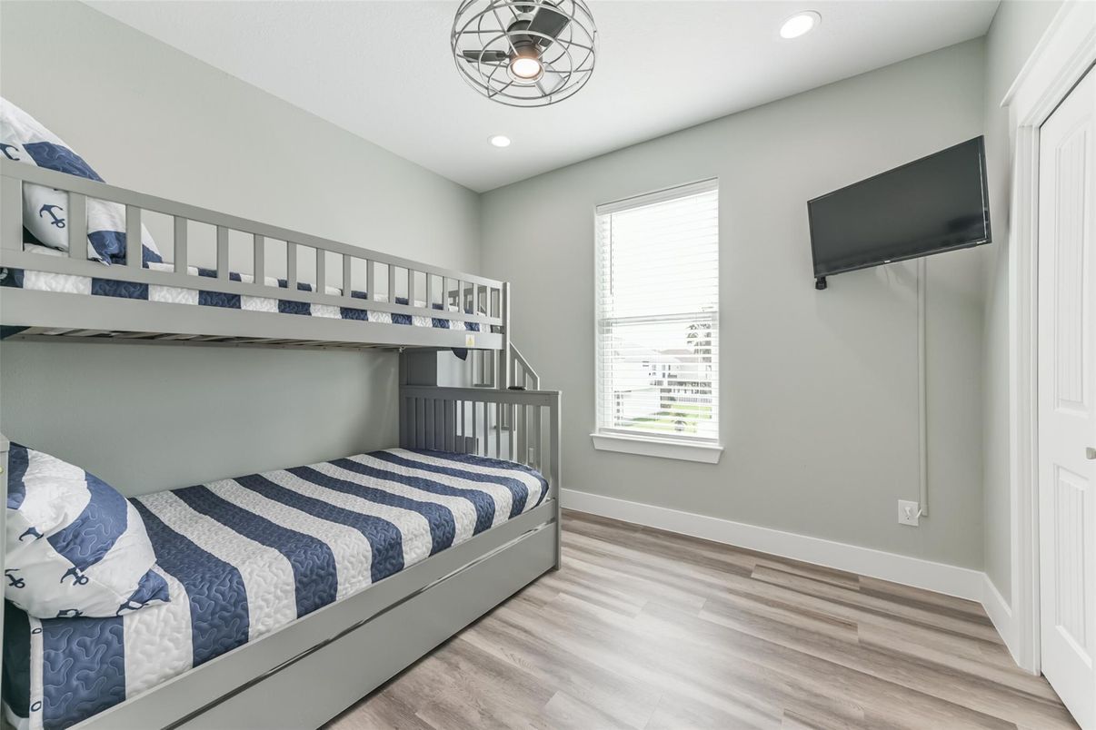 Bedroom, Interior, Recessed Lighting, Wood Texture Flooring
