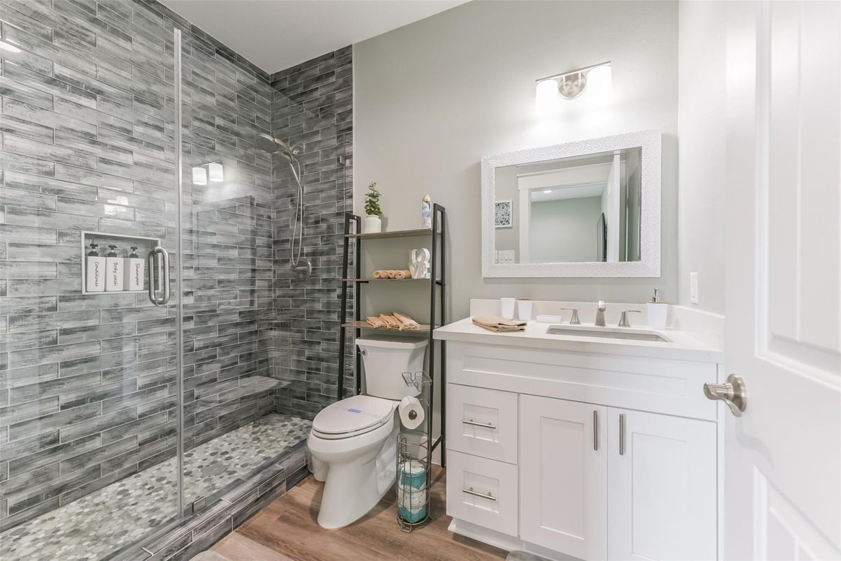 Bathroom, Glass Shower, Interior, Wood Texture Flooring