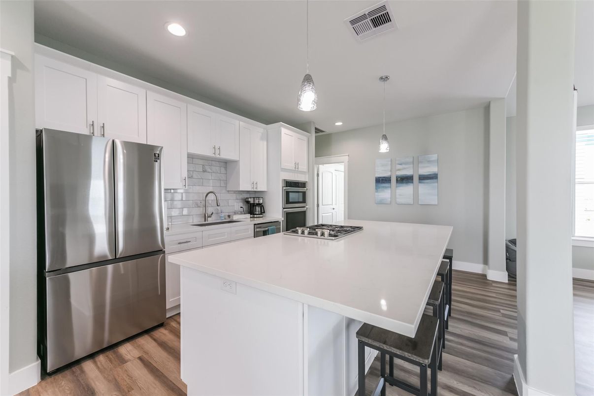 Interior, Kitchen, Pendant Lights, Recessed Lighting, Stainless Steel Appliances, Wood Texture Flooring