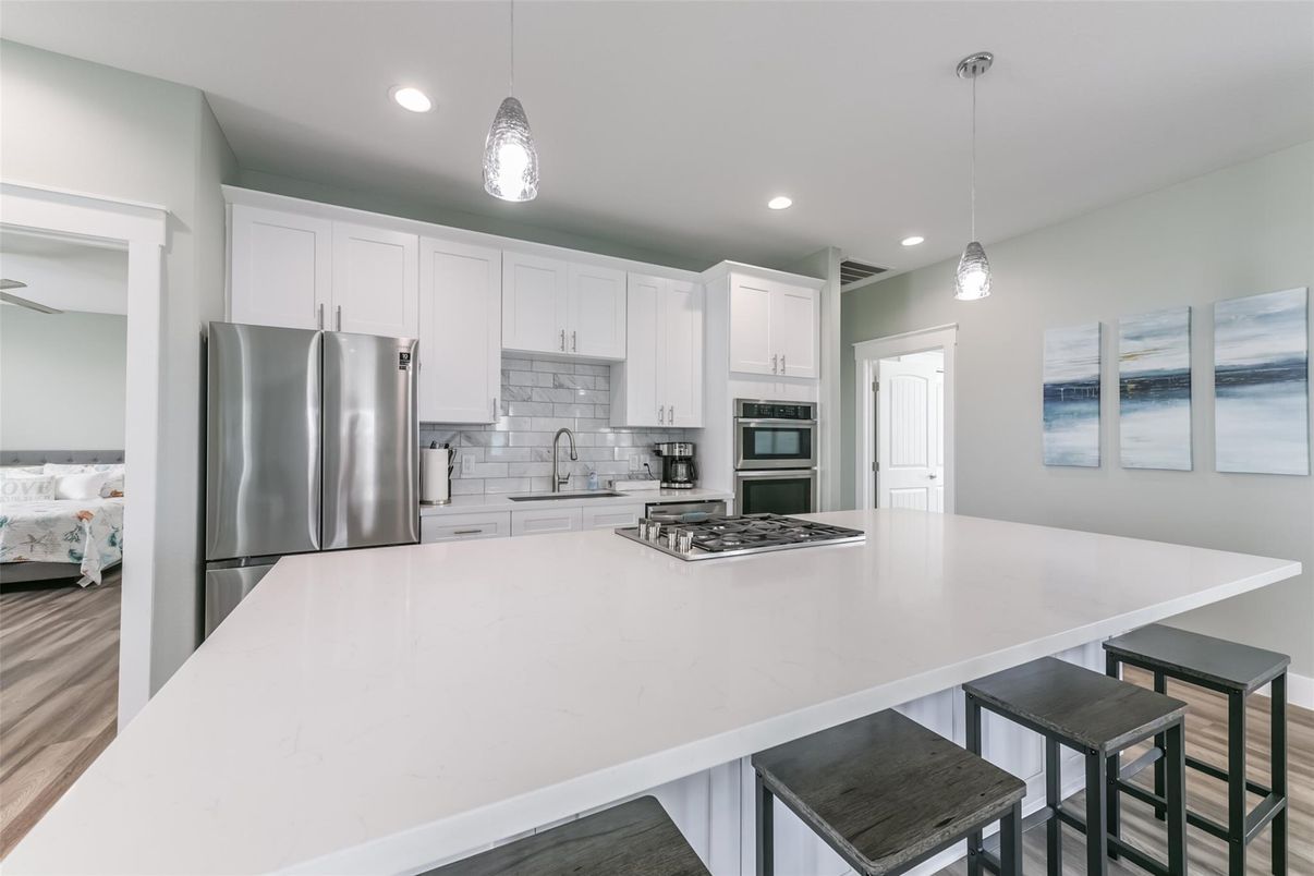 Interior, Kitchen, Pendant Lights, Recessed Lighting, Stainless Steel Appliances, Wood Texture Flooring