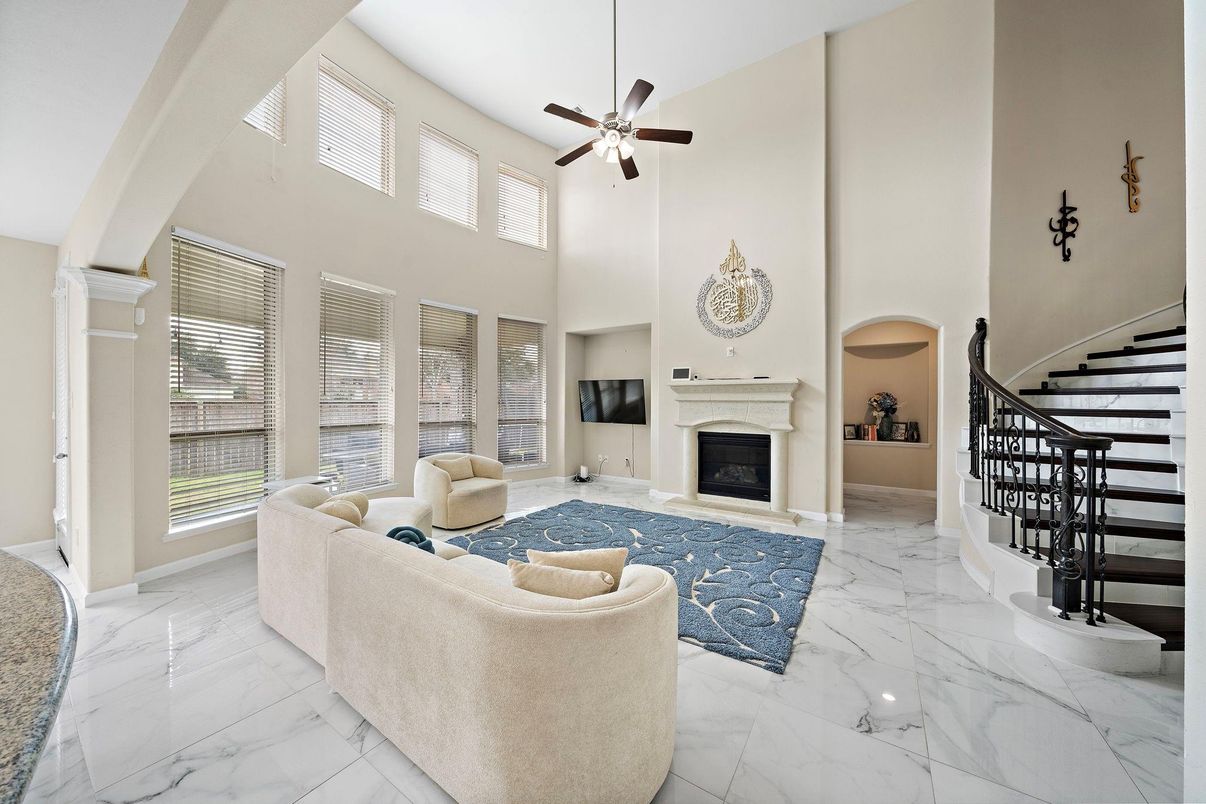 Fireplace, Interior, Living room, Marble, Pendant Lights, Water