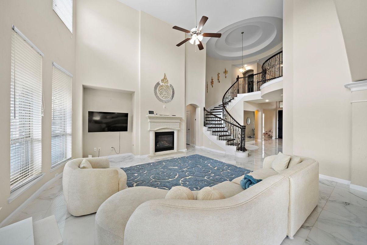 Fireplace, Interior, Living room, Marble, Pendant Lights