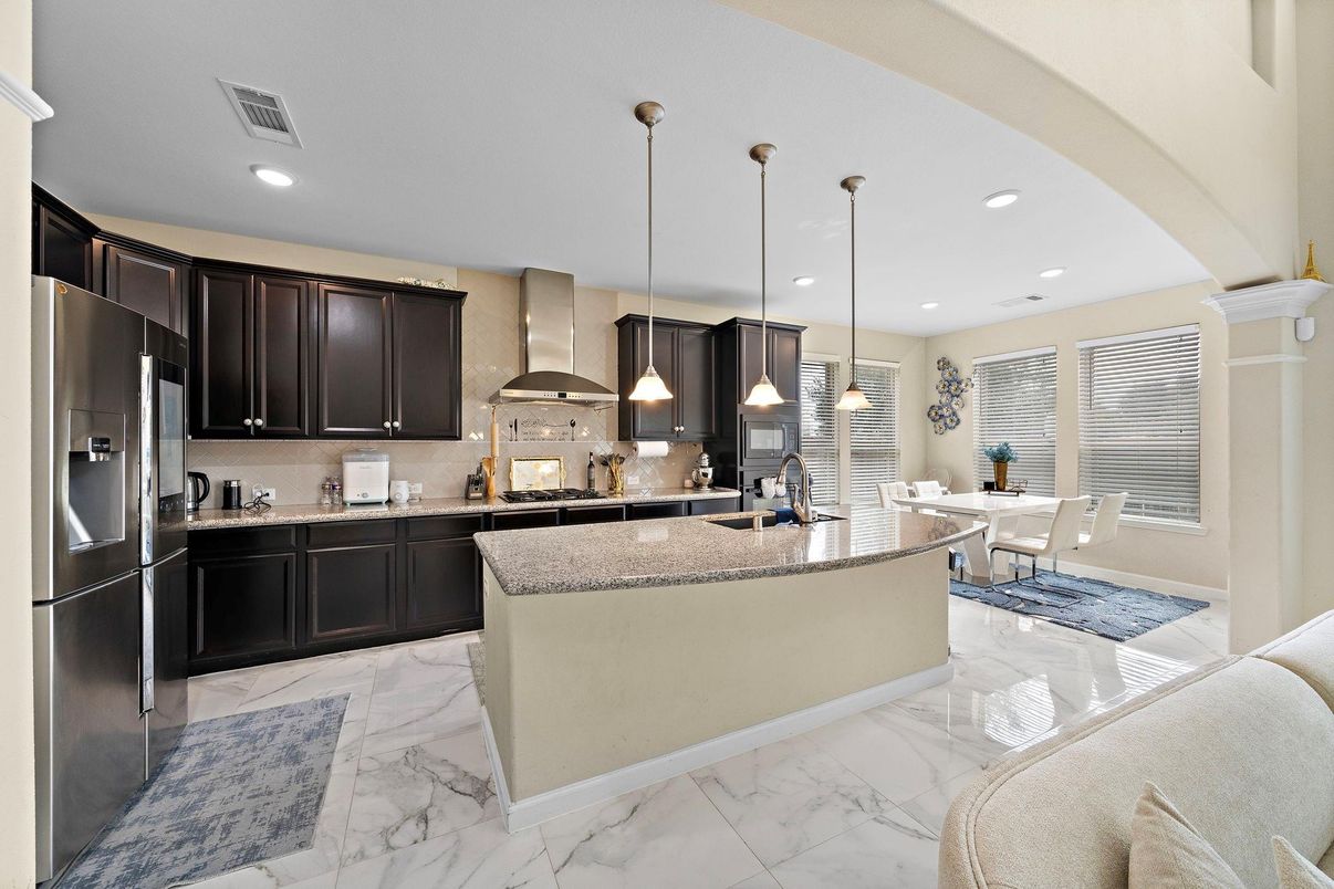 Dining room, Interior, Kitchen, Marble, Pendant Lights, Recessed Lighting, Stainless Steel Appliances
