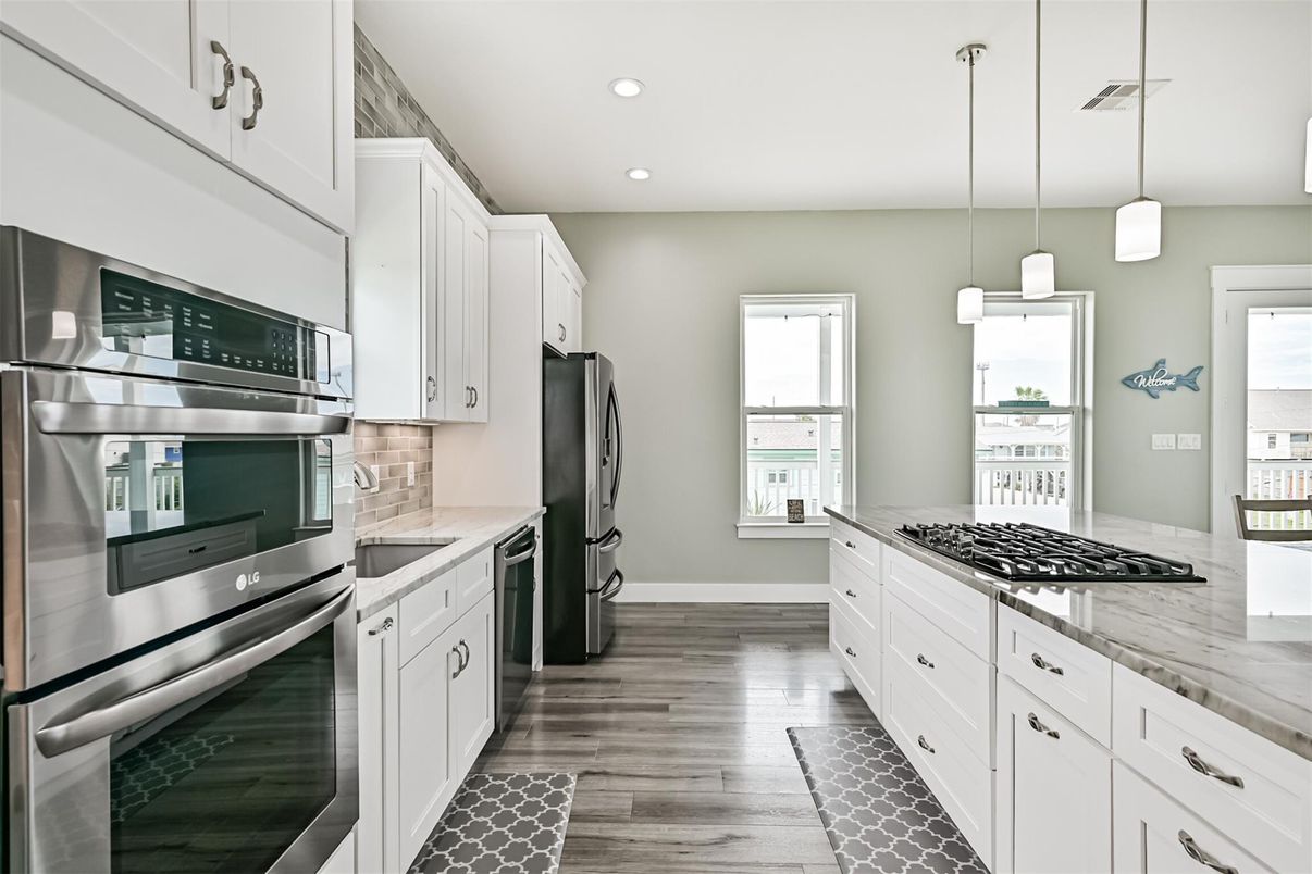 Interior, Kitchen, Pendant Lights, Recessed Lighting, Stainless Steel Appliances, Wood Texture Flooring