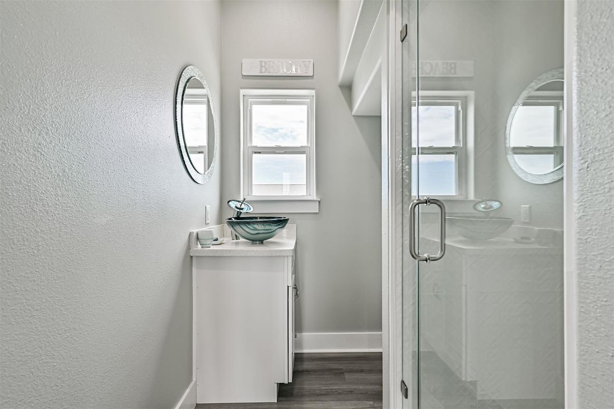 Bathroom, Glass Shower, Interior, Wood Texture Flooring