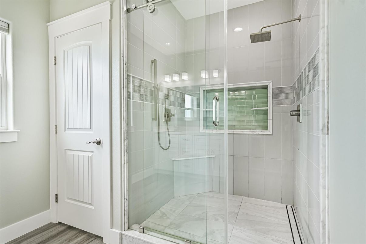 Bathroom, Glass Shower, Interior, Marble, Recessed Lighting, Wood Texture Flooring